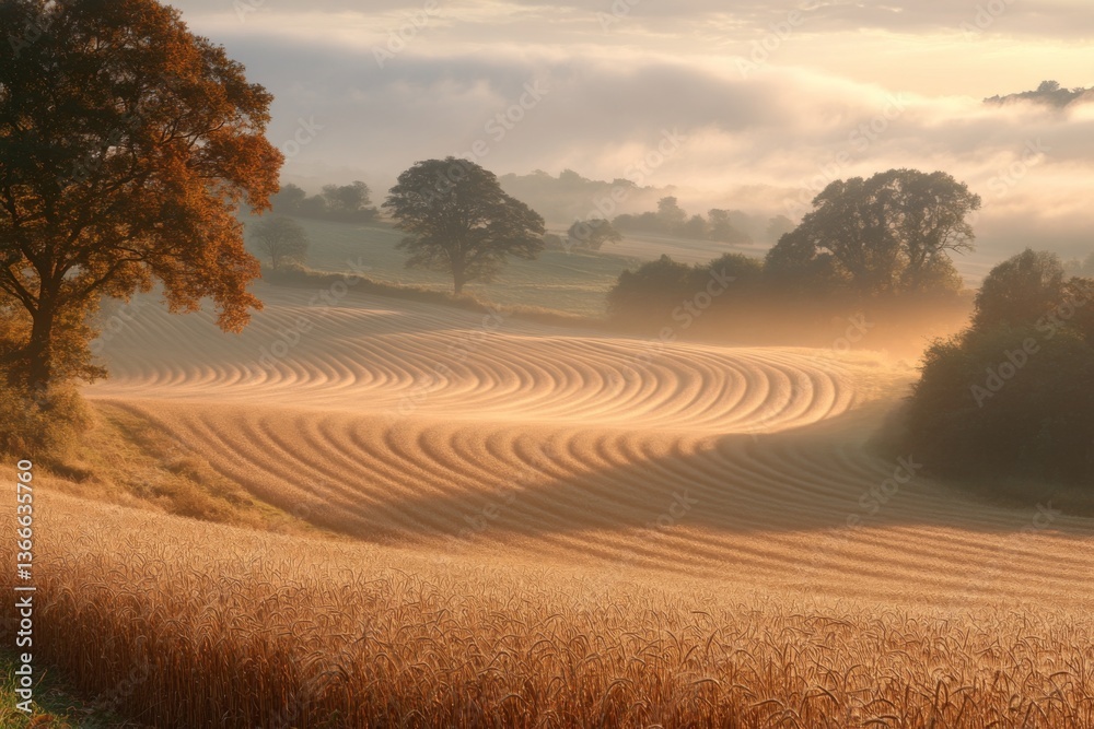 Fototapeta premium Misty countryside field at dawn with tractor lines and golden haze