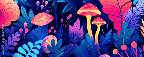 Vibrant foliage and mushrooms in a nighttime forest scene - vector