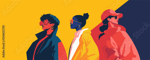 Three stylish women in colorful attire and sunglasses against bold geometric background, vector