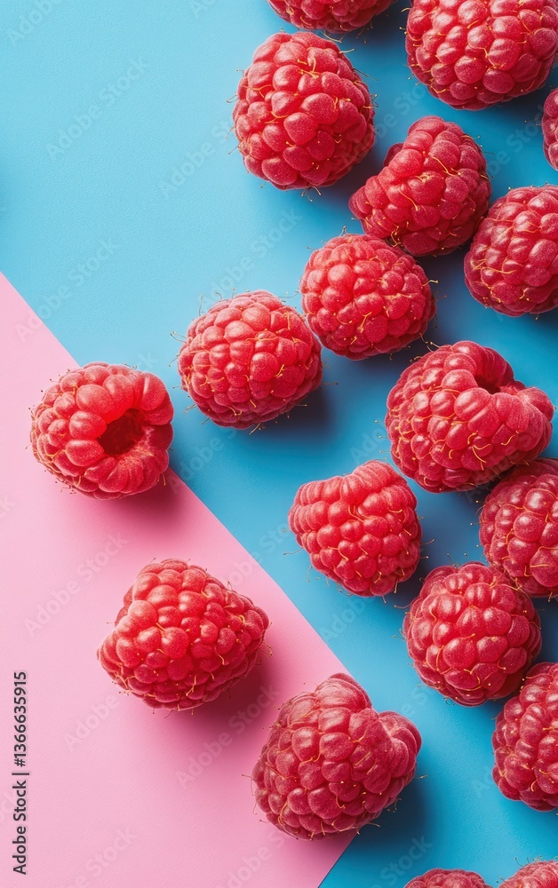 Crisp industrial minimalism, close-up of juicy raspberries on a pastel blue and pink background Crisp industrial minimalism, close-up of juicy raspberries on a pastel blue and pink background
