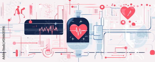 Medical technology heartbeat analysis concept with abstract circuit background - vector