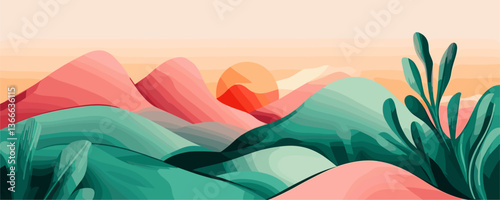 Colorful abstract sunset over rolling hills and foliage landscape vector