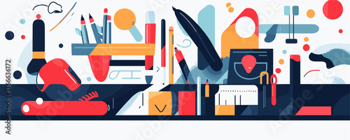 Colorful office supplies on desk - vector
