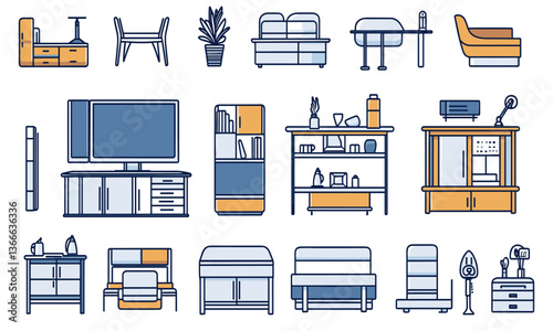 Modern furniture icons collection featuring living room and office pieces - vector