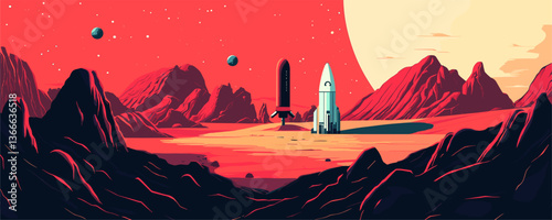 Futuristic landscape with spacecrafts on alien planet under red sky - vector