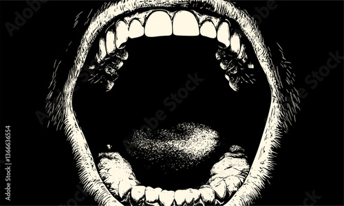 Wide open mouth scream with teeth detail in black and white - vector