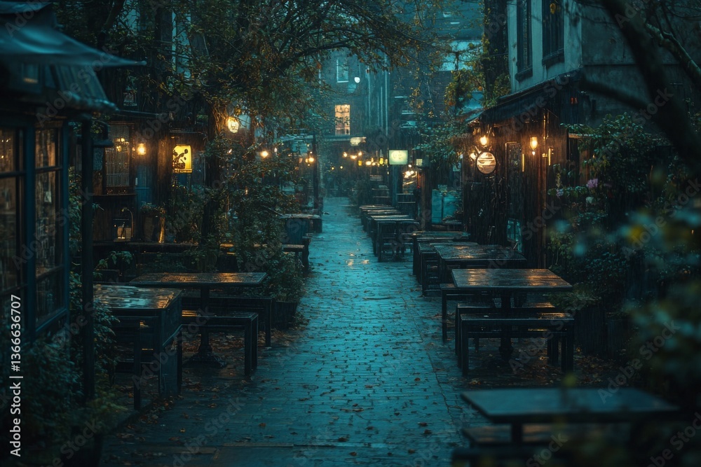 Fototapeta premium Outdoor cafe in narrow alley with warm lighting and rustic ambiance
