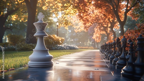 Giant chess pieces align on path in a sunny, vibrant autumn park setting