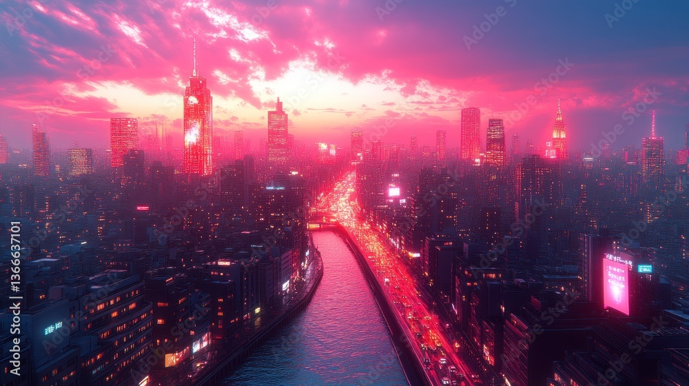 Fototapeta premium Neon Cityscape at Sunset: A Futuristic Metropolis