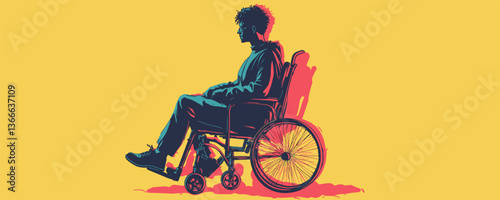 Silhouetted young adult in wheelchair against yellow background - vector