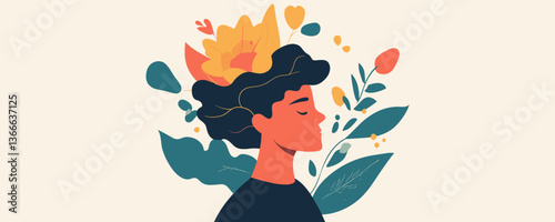 Peaceful person surrounded by colorful nature elements - vector
