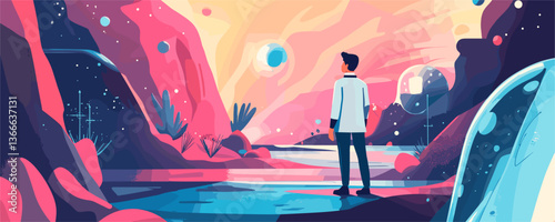 Man exploring futuristic landscape with vibrant sky and water elements in sci-fi dreamscape vector