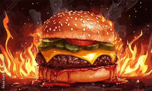 Fiery burger with cheese, pickles, and tomato on flames – vector art