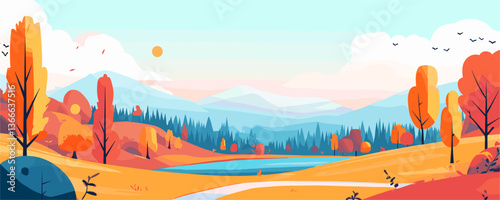 Autumn landscape with lake, mountains, and trees in bright colors, vector