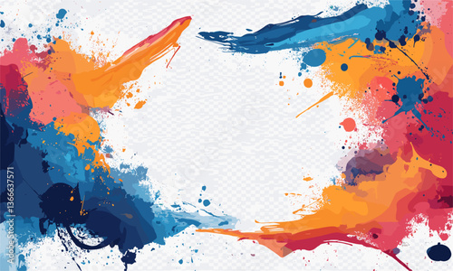 Colorful abstract paint splash frame border with dynamic brush strokes on transparent background, vector
