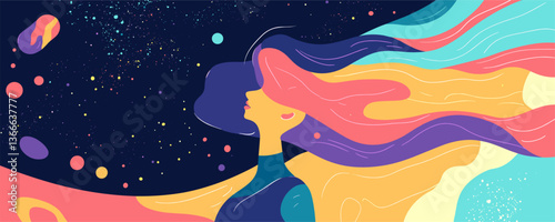 Colorful cosmic portrait of a woman with flowing hair in a dreamlike space setting, vector