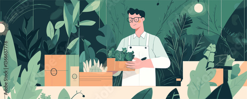 Man packing vegetables in eco-friendly warehouse, surrounded by lush greenery, vector