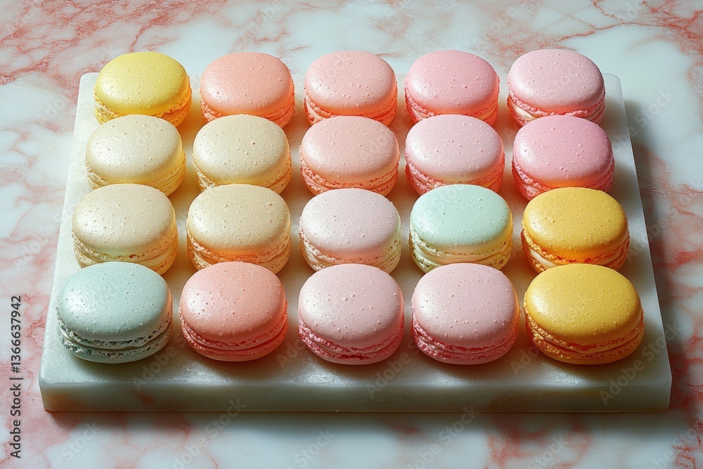 Obraz premium Pastel colored macarons arranged in rows on white surface