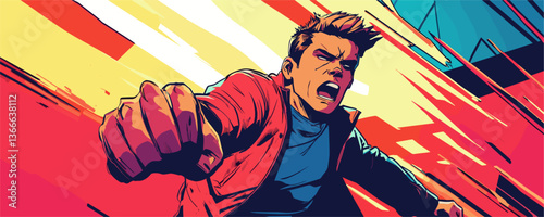 Dynamic action scene with energetic hero punching through bright background - vector