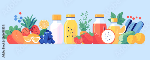 Colorful bottles and fresh fruits with vegetables on light blue background vector