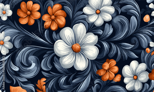 Seamless floral pattern with orange and white flowers on a dark background, vector