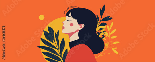 Elegant woman with closed eyes and leaves on orange background vector
