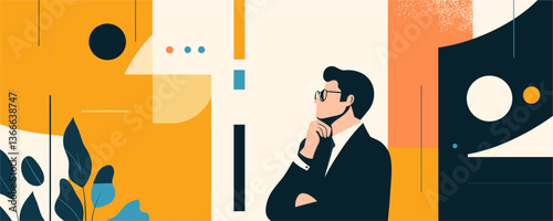 Businessman contemplating abstract design with geometric shapes and vibrant colors - vector