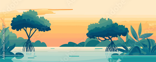 Serene tropical sunset with mangrove trees and calm waters vector