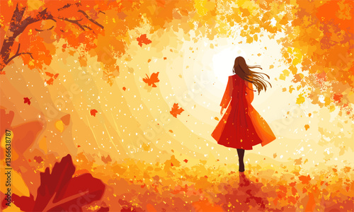 Woman walking in autumn leaves with falling leaves and sunlight backdrop - vector
