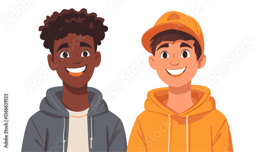 Smiling friends in hoodies and caps on white background, vector art