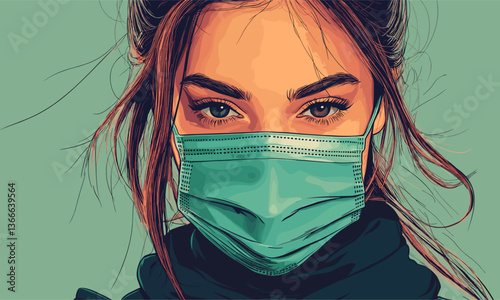 Woman wearing face mask with intense gaze on teal background, vector