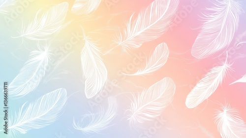Delicate white feathers on a pastel background; soft, airy aesthetic; suitable for wallpaper, prints, or social media