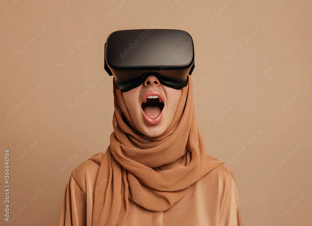Obraz premium Surprised Woman Wearing Vr Headset Experiencing Immersive Virtual Reality