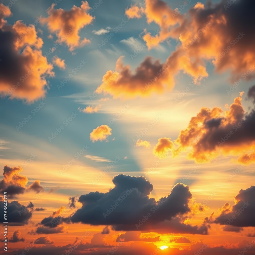 Naklejka premium Vast blue sunset sky, vibrant clouds, setting sun, blue, ray, calm