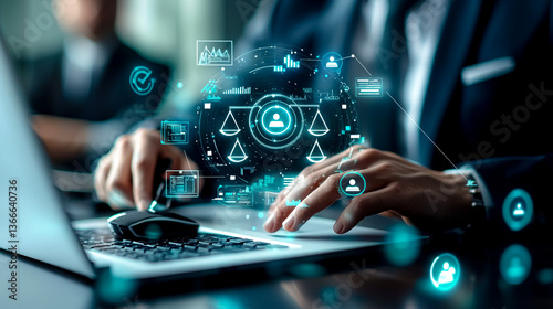 Digital Justice: A lawyer in a dark suit, working on a modern laptop, navigating the digital realm of law with innovative software, a compelling blend of tradition and technology. 