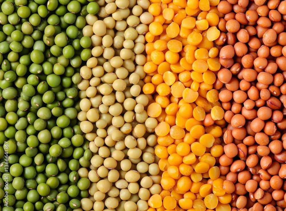 The background is divided into four parts, one of which contains green mung beans and yellow and red-colored split peas The background is divided into four parts, one of which contains green mung beans and yellow and red-colored split peas