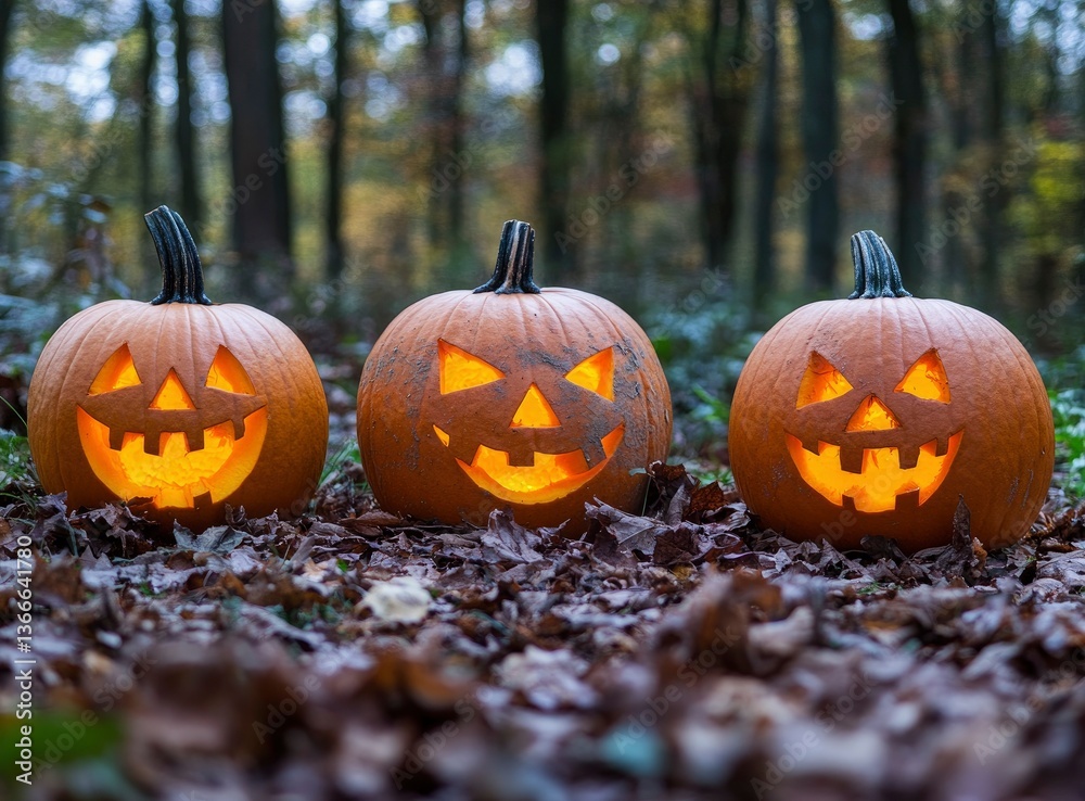Three Glowing Jack O Lanterns Displayed on Fallen Leaves in Forest Three Glowing Jack O Lanterns Displayed on Fallen Leaves in Forest