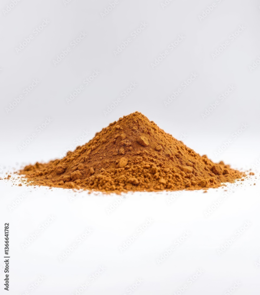 A mound of coarse brown powder sits isolated on a pristine white surface, studio, powdery A mound of coarse brown powder sits isolated on a pristine white surface, studio, powdery