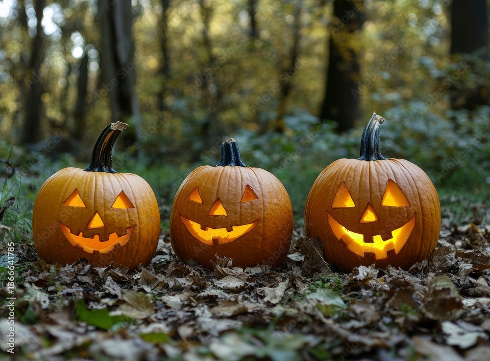 Glowing Jack O Lanterns in Forest Setting for Halloween Celebration Glowing Jack O Lanterns in Forest Setting for Halloween Celebration