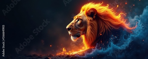 Majestic lion's head, fire and water elements merge, dramatic, graphic photo
