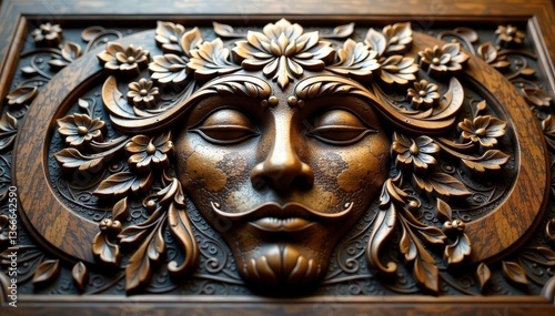 Intricate floral pattern carved into a wooden surface resembling a face , handmade, relief