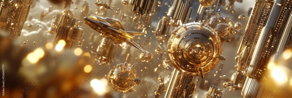 Golden spaceships soar through futuristic golden city. Golden spaceships soar through futuristic golden city.