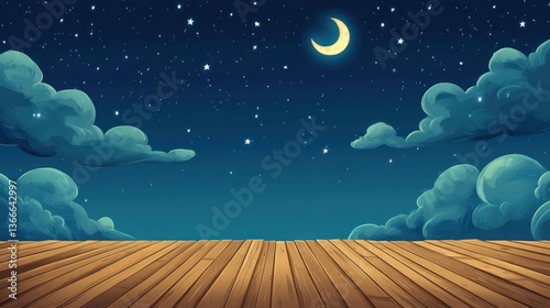 Night sky over wooden deck, fantasy illustration, background image