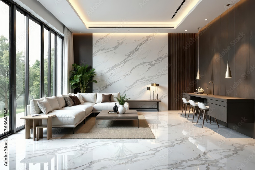 Fototapeta premium Sleek marble floors, modern furniture, minimalist decor, rug, contemporary