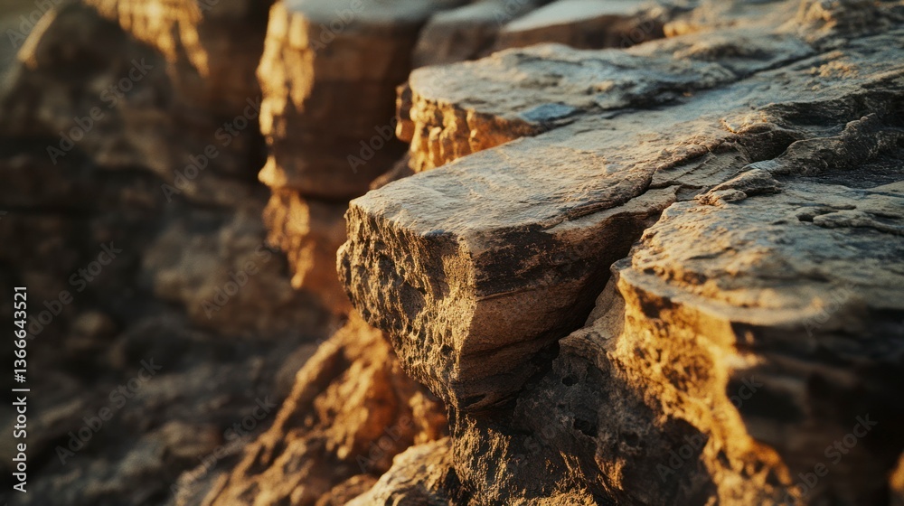 Fototapeta premium Details of a rugged rock formation at sunset with warm light illuminating the textures and patterns in the stone