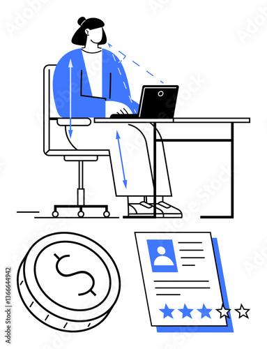 Woman working on laptop at desk with ergonomic seating, dollar coin indicating money, and a rating sheet suggesting job performance review. Ideal for business, finance, human resources, productivity