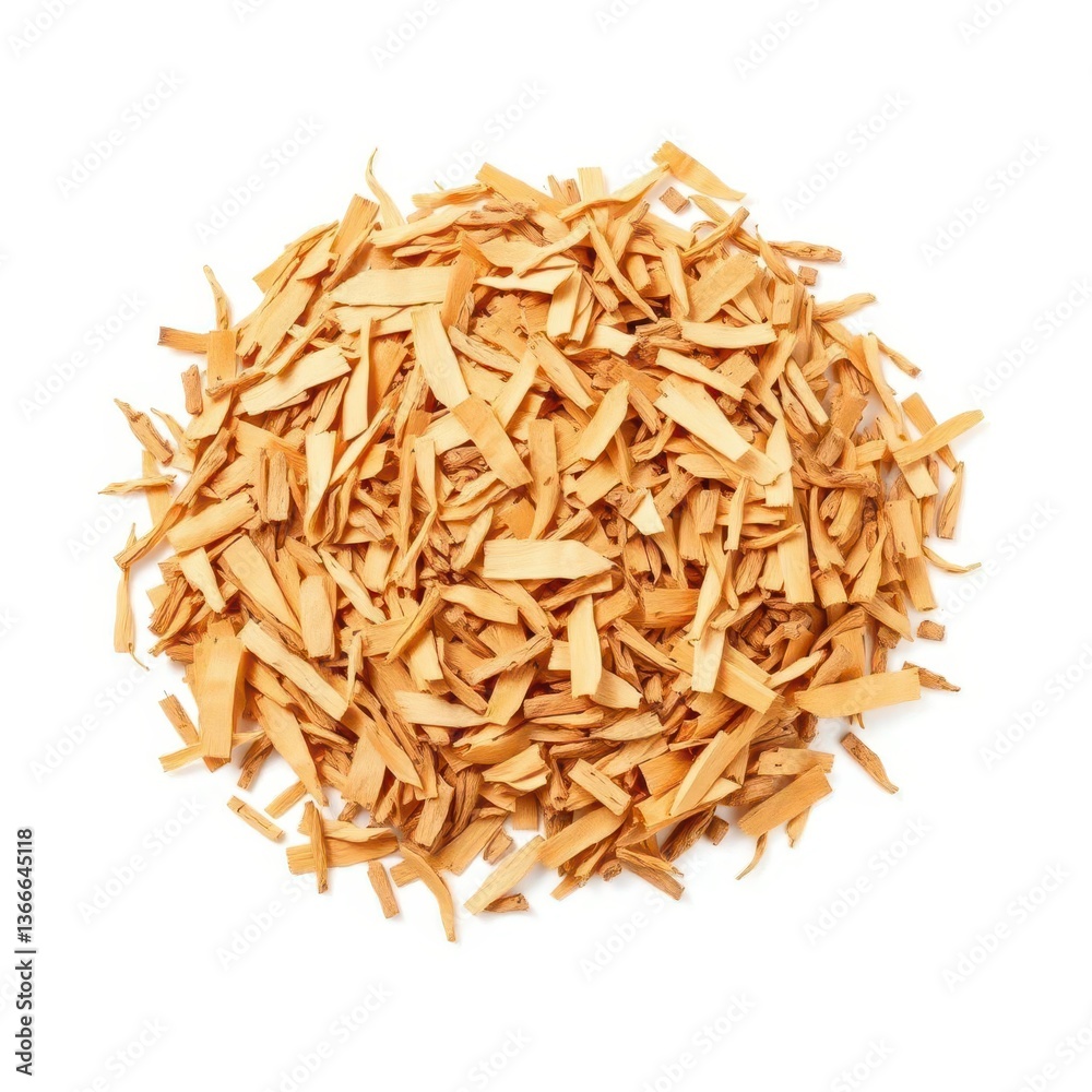Pile of light brown wood shavings isolated on white background, organic material, DIY, woodworking debris Pile of light brown wood shavings isolated on white background, organic material, DIY, woodworking debris