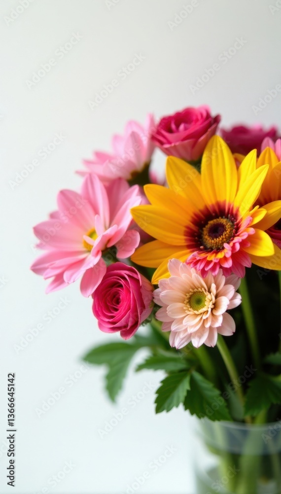 Vibrant bouquet, diverse blooms, white backdrop, beautiful, celebration