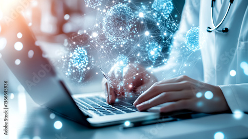 Medical Professional Analyzing Virus: A doctor, immersed in the digital realm, navigates a laptop, surrounded by an ethereal visualization of a virus.