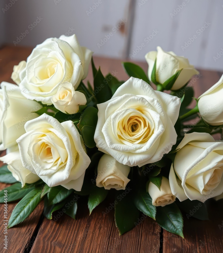Obraz premium Elegant white roses arranged on rustic wooden table, light, background, photography